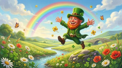 Leprechaun in green attire joyfully dances along a riverbank, scattering gold coins while a vibrant rainbow arcs overhead in a lush, green landscape, Saint Patrick's Day
