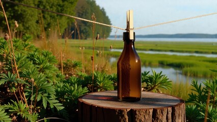 Brown glass bottle with dropper on tree stump in natural landscape with greenery and water
