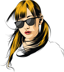 Stylized Portrait of Woman with Sunglasses and Twin Ponytails