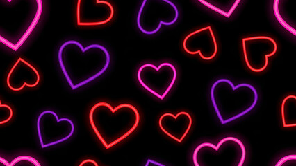 Neon heart pattern background with pink, purple, and red glowing hearts