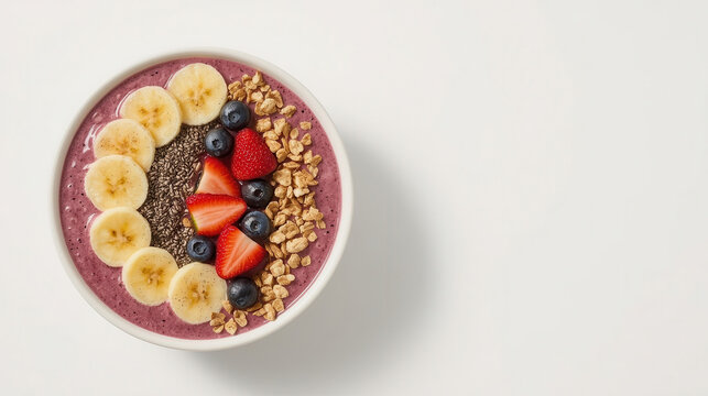 Ciotola di frullato ai frutti di bosco con banana, fragole, mirtilli su sfondo chiaro. Generative AI