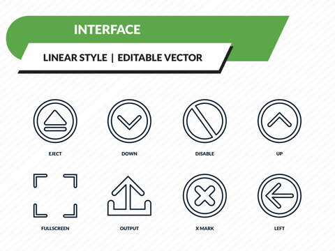interface icons set - eject, down, disable, x mark, left outline vector collection.