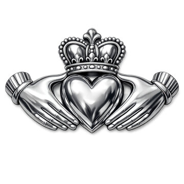 Polished silver claddagh symbol with heart, crown, and hands, isolated on transparent background
