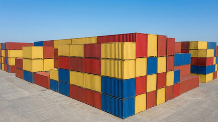 Fototapeta premium Shipping Containers, Brightly Colored Cargo Stacked High in a Port Terminal, Symbolizing Global Trade and Efficient Logistics