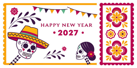 Happy New Year 2027 &ndash; Dia De Los Muertos Inspired Art, Colorful Cultural Skull Illustration & Festive Holiday Greeting Design