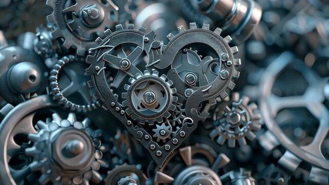Intricate mechanical heart animation with rotating gears and cogs in motion