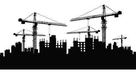 A striking black and white cityscape features multiple construction cranes towering over building structures creating a dramatic silhouette high quality professional © rabbivay