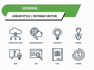 general icons set - internet of things, marketing budget, inspiration, x-ray, loading outline vector collection.