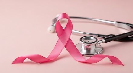 Pink ribbon and stethoscope on pink background for breast cancer awareness