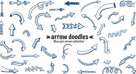 Hand Drawn Arrow Doodles Collection Blue Pen Sketch Vector Illustration with Curved Straight Zigzag and Swirl Design Elements for Business Presentation