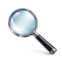Shiny magnifying glass icon with black handle and silver frame, isolated on transparent background