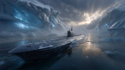 Ultra realistic cinematic underwater scene of a modern military submarine silently cruising beneath thick Arctic sea ice. Wide panoramic composition: the submarine is positioned le