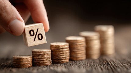 Wooden blocks with percentage signs stacked in an ascending order showing growth and investment with a hand placing the final block on top in a studio setting
