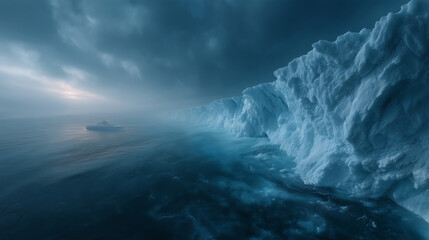 Extremely detailed ultra realistic minimal wide underwater polar background with massive empty space. A tiny submarine is placed far in the distance (left side), partially illumina
