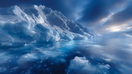 Fototapeta premium South and North pole and all things related high-end expedition travel editorial photography, cool cyan high-key color grading, light icy blue tint, clean bright whites with smooth