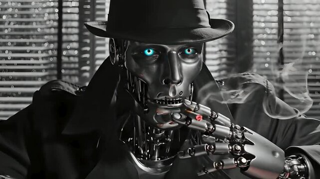 Cinematic AI Robot Detective Smoking Cigar in Noir Office with Blinds