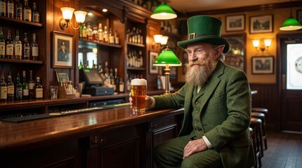  Elderly Irish man in green top hat raises glass of dark beer in cozy pub, showcasing festive celebration with friends in background and a warm fireplace. celebrate St Patrick Day during holiday time