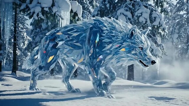 Surreal Diamond Wolf Beast Moving in Frozen Pine Landscape Magical Concept