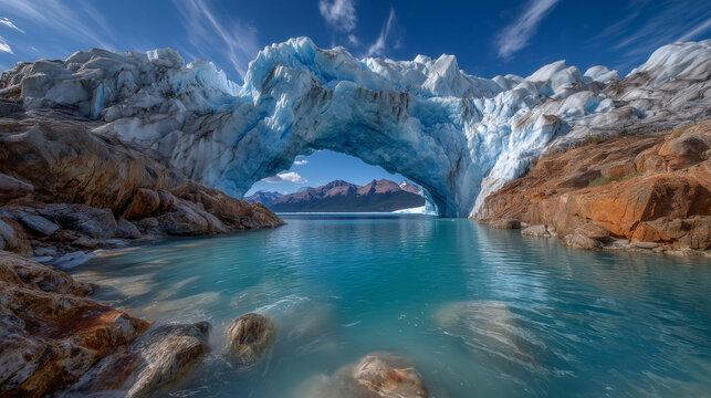 travel editorial landscape photo of the Perito Moreno glacier showing a massive natural ice arch ("bridge of ice") extending over turquoise glacial water