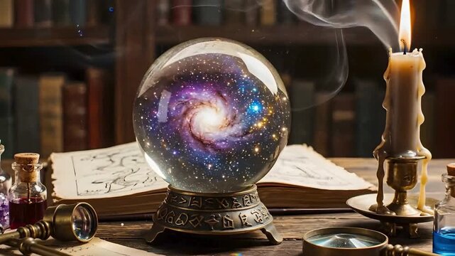 Magic Crystal Ball With Galaxy On Alchemist Table With Ancient Books And Candle