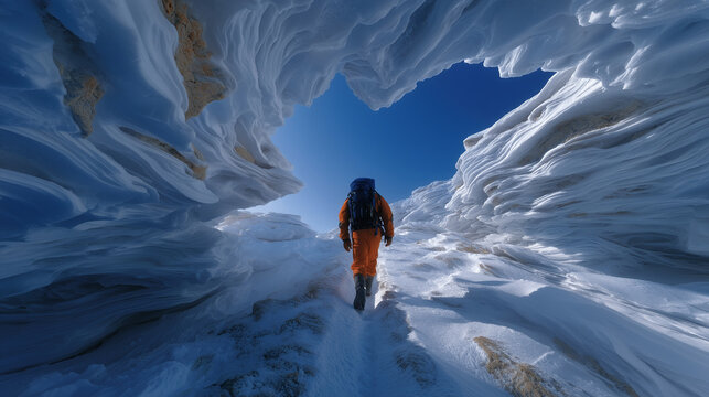 Extremely detailed ultra realistic wide landscape photo of an Antarctic adventure trek. Two hikers walk through a narrow &Ntilde;&ETH;&frac12;&ETH;&micro;&ETH;&para;&ETH;&frac12;&Ntilde;&ETH;&sup1; &ETH;&iquest;&Ntilde;&ETH;&frac34;&Ntilde;&ETH;&frac34;&ETH;&acute; between enormous sculpted snowdrift walls sh