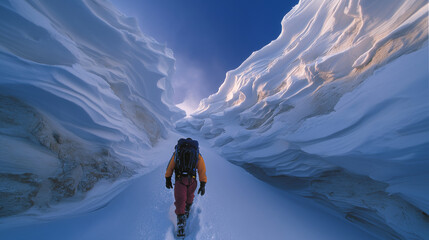 Ultra realistic expedition travel photography in Antarctica: two explorers trekking through a massive snow canyon surrounded by towering sculpted snow walls and Ð»ÐµÐ´ÑÐ½ÑÐµ Ð´ÑÐ½Ñ. The s