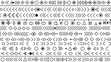 Diverse collection of abstract geometric symbols, arrows, and minimalist design elements with repeating patterns and shapes, ideal for modern graphic design and digital projects