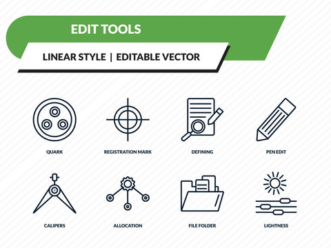 edit tools icons set - quark, registration mark, defining, file folder, lightness outline vector collection.