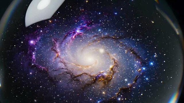 Spiral Galaxy Swirling Inside Crystal Ball on Black Background Zoom In