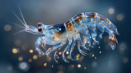 Extremely detailed ultra realistic macro photo of Antarctic krill floating in clear water. The krill is isolated with large copy space, semi-transparent body showing segmented stru
