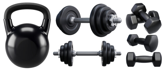Obraz premium Black kettlebell, dumbbell and barbell isolated on transparent background. Sport equipment set for fitness, strength training, gym, home workout, and healthy lifestyle concepts. 3D png illustration