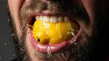 Close-up of a person's mouth biting into a juicy lemon, with water splashing out