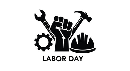 A striking depiction of labor day with tools a raised fist and a hardhat all presented in a bold silhouette © rabbivay