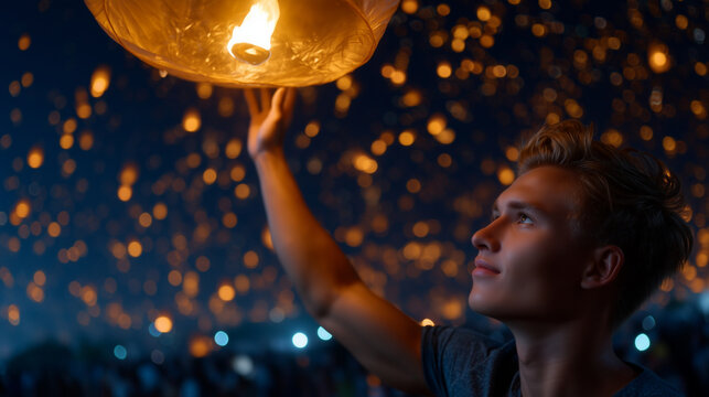 thousands of floating sky lanterns rising into a deep black night sky during the Loy Krathong / Yi Peng festival in Chiang Mai, Thailand
