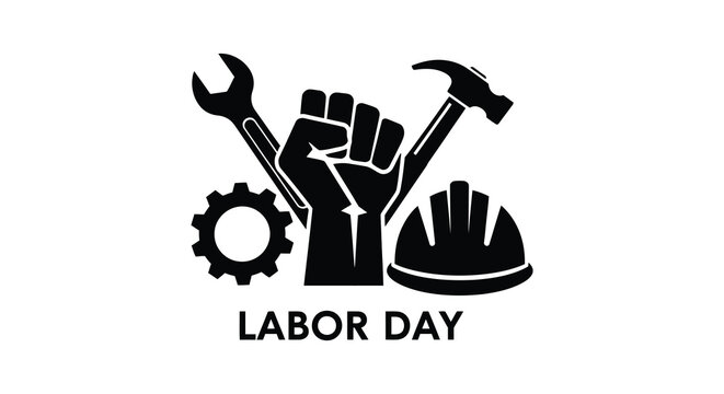 A striking depiction of labor day with tools a raised fist and a hardhat all presented in a bold silhouette