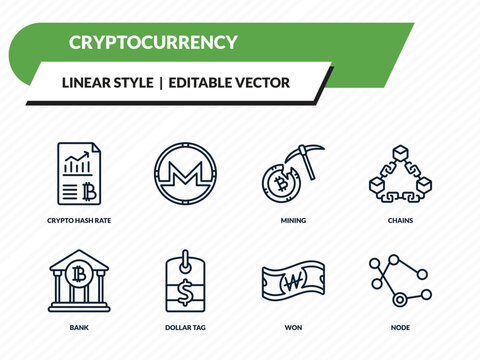 cryptocurrency icons set - crypto hash rate, , mining, won, node outline vector collection.