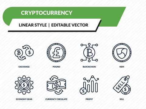 cryptocurrency icons set - exchange, pound, blockchain, profit, sell outline vector collection.