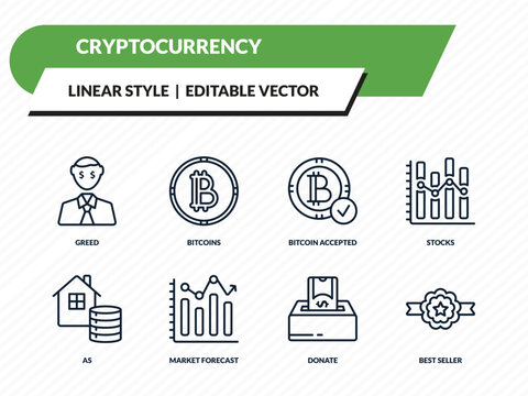 cryptocurrency icons set - greed, bitcoins, bitcoin accepted, donate, best seller outline vector collection.