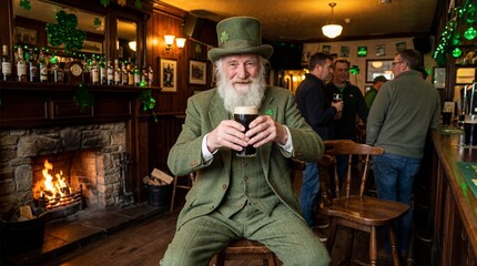  Elderly Irish man in green top hat raises glass of dark beer in cozy pub, showcasing festive celebration with friends in background and a warm fireplace. celebrate St Patrick Day during holiday time
