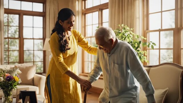 young indian woman helping elderly man walk with cane in living room. daughter supporting senior father at home. family caregiving, retirement assistance.
