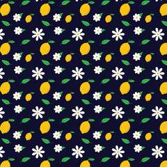 lemon and daisy floral seamless pattern on dark background