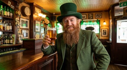  Elderly Irish man in green top hat raises glass of dark beer in cozy pub, showcasing festive celebration with friends in background and a warm fireplace. celebrate St Patrick Day during holiday time