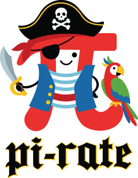 Funny pirate Pi character with eyepatch, sword and parrot for Pi Day math theme vector illustration