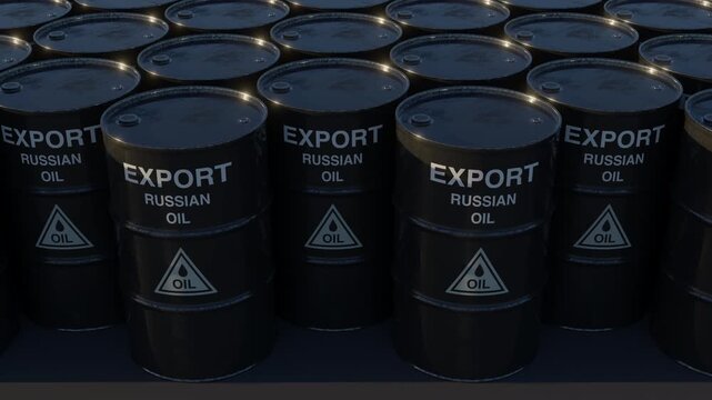 Oil barrels representing energy export, geopolitics and global fuel supply. Loop animation for news, sanctions topics, economic analysis and financial media. Seamless loop. Part of collection.