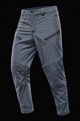 A pair of dark gray or black pants with a casual fit and multiple pockets