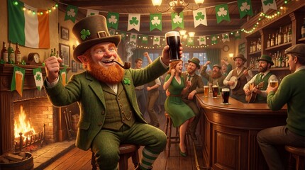 Irish leprechaun in green attire raises a frothy beer mug while seated at a wooden table in a cozy pub with a fireplace and festive decorations. celebrate St Patrick Day during holiday time