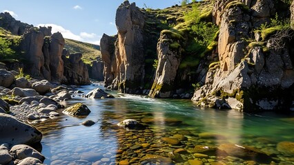 Majestic Icelandic Canyon: Clear River Flowing Through Mossy Cliffs.