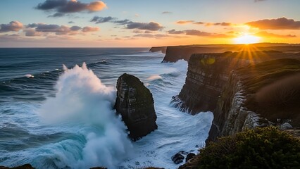 Majestic Golden Sunset Illuminates Giant Wave Crashing on Sea Stack by Rugged Cliffs.