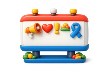 Colorful billboard icon with heart, megaphone, ribbon, and exclamation mark for graphic design