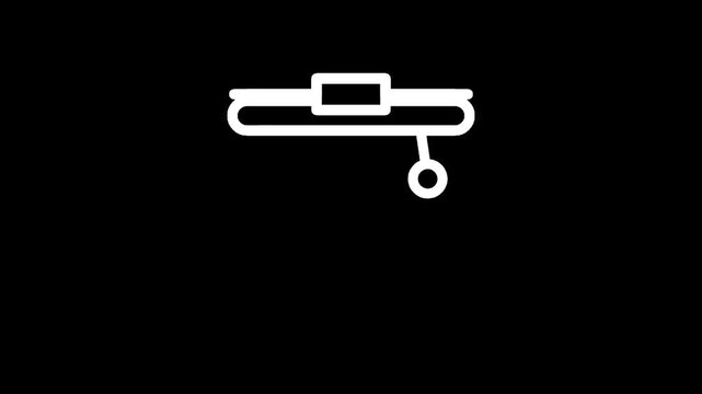 Minimalist white line art icon of a belt with a buckle and a dangling charm on a black background